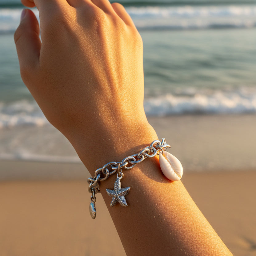 Armband mit Muscheln und Seestern-Charm, Silber